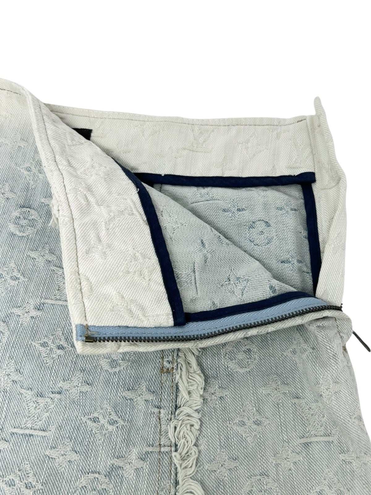 LOUIS VUITTON Vintage LV Monogram Denim Gradation Mini Skirt Fringe Blue Cotton