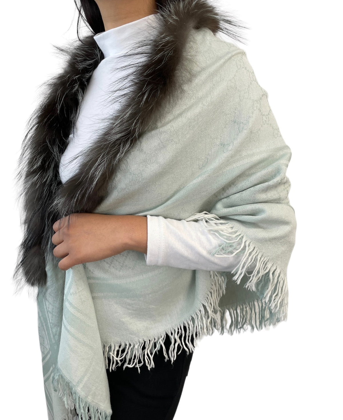 GUCCI Vintage GG Logo Monogram Fox Fur Scarf Shawl Wrap Mint Green 902473