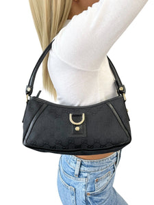 GUCCI Vintage GG Monogram Logo Abbey Shoulder Bag Zip Black Gold Canvas Leather