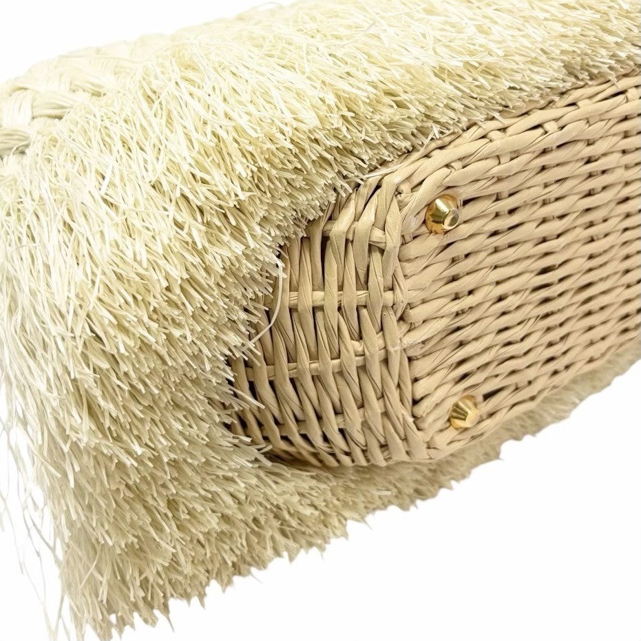 PRADA Vintage Fringe Raffia Straw Tote Crossbody Bag 2way Cream Gold 902091