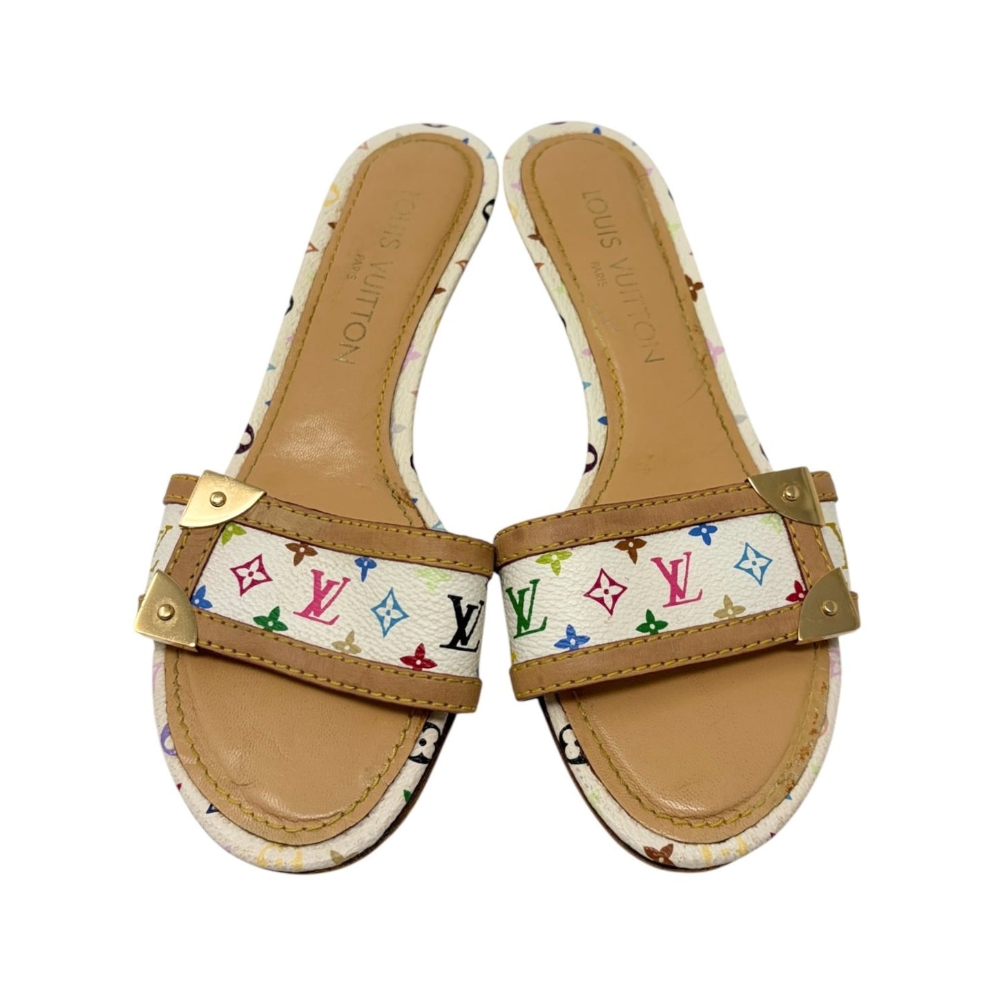 LOUIS VUITTON Vintage Monogram Multicolor Sandals Heels #36 White Beige