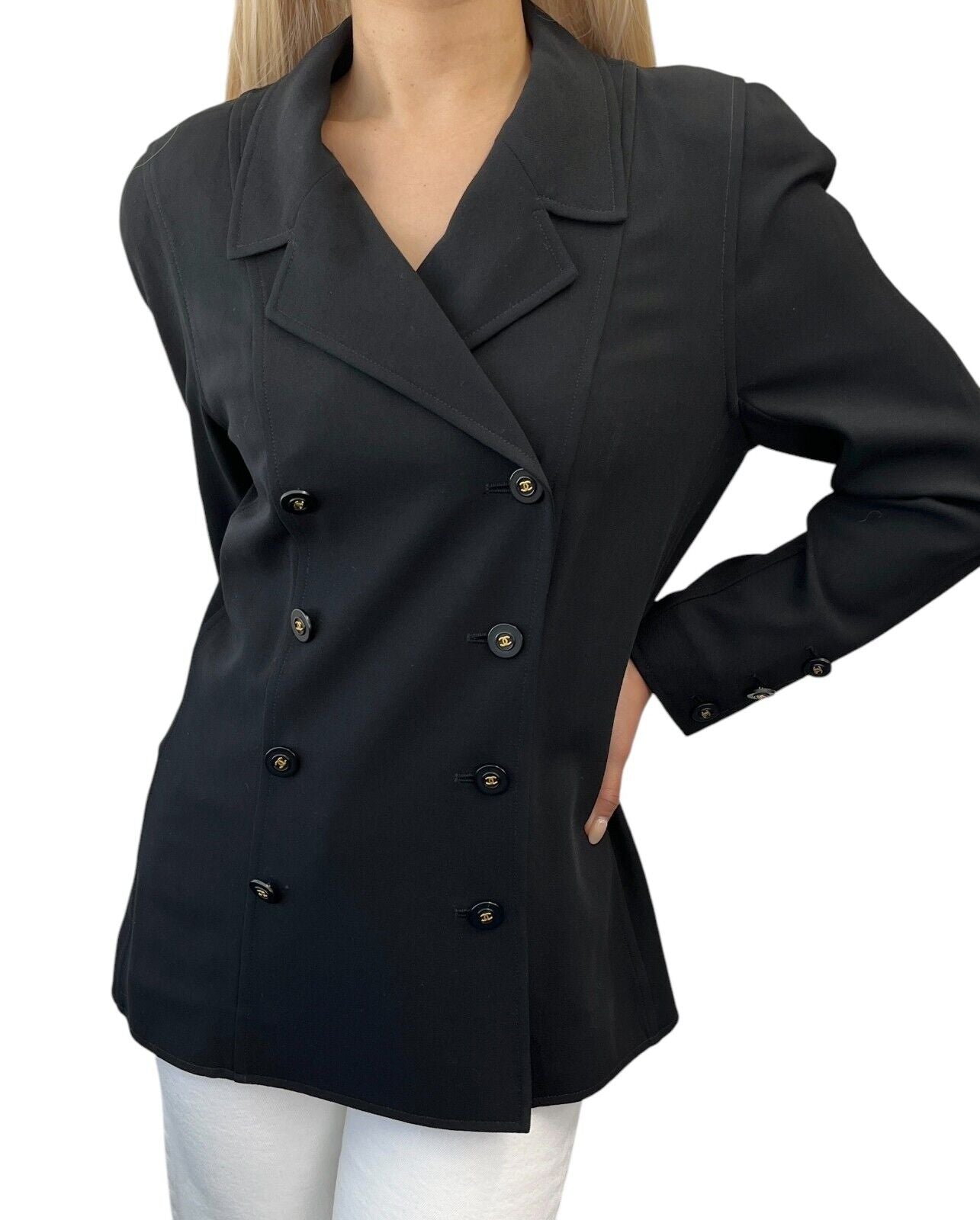 CHANEL Vintage 94P CC Logo Long Sleeve Jacket #40 Black Gold Wool Button