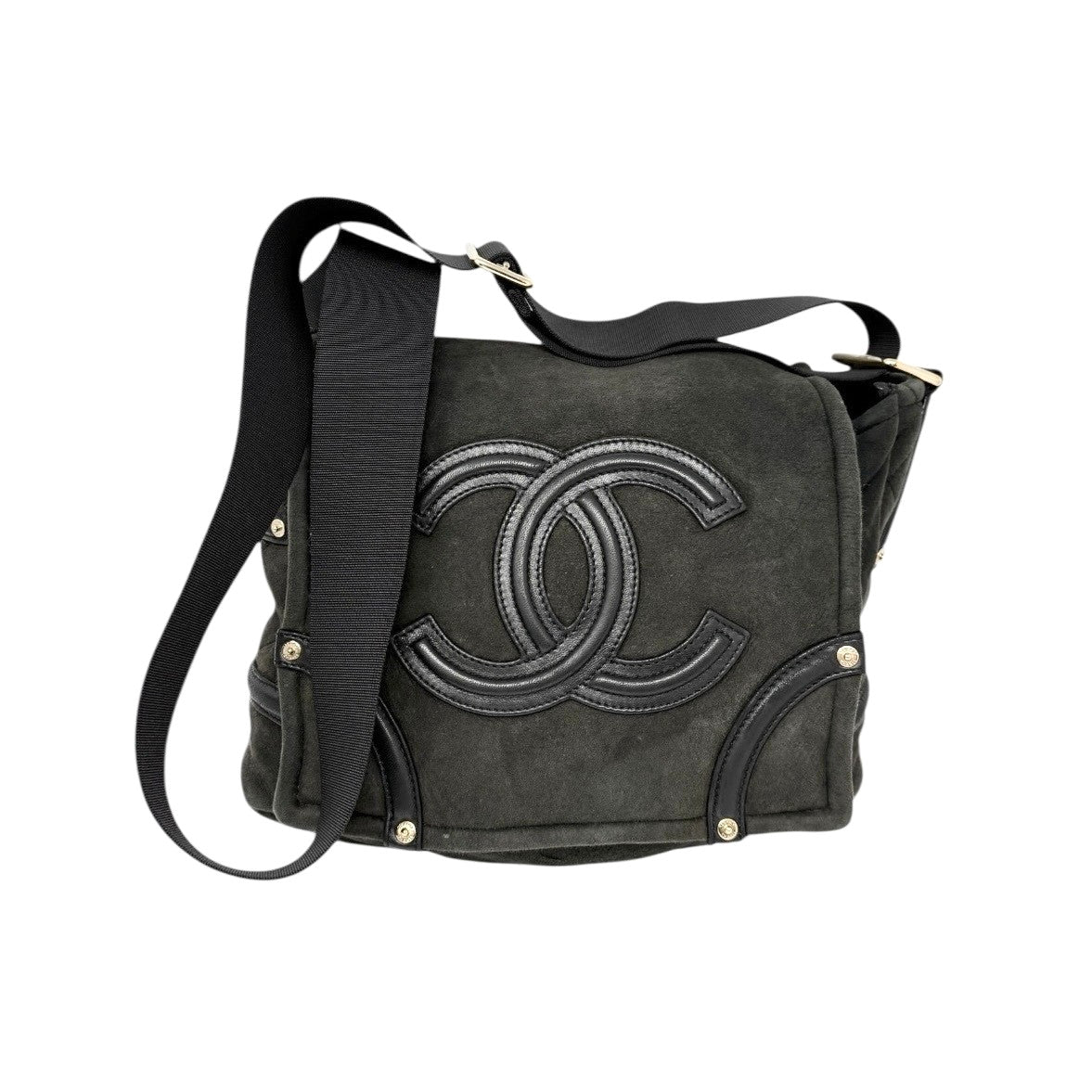 CHANEL Vintage 2006 CC Logo Shearling Messenger Crossbody Bag Black Mouton