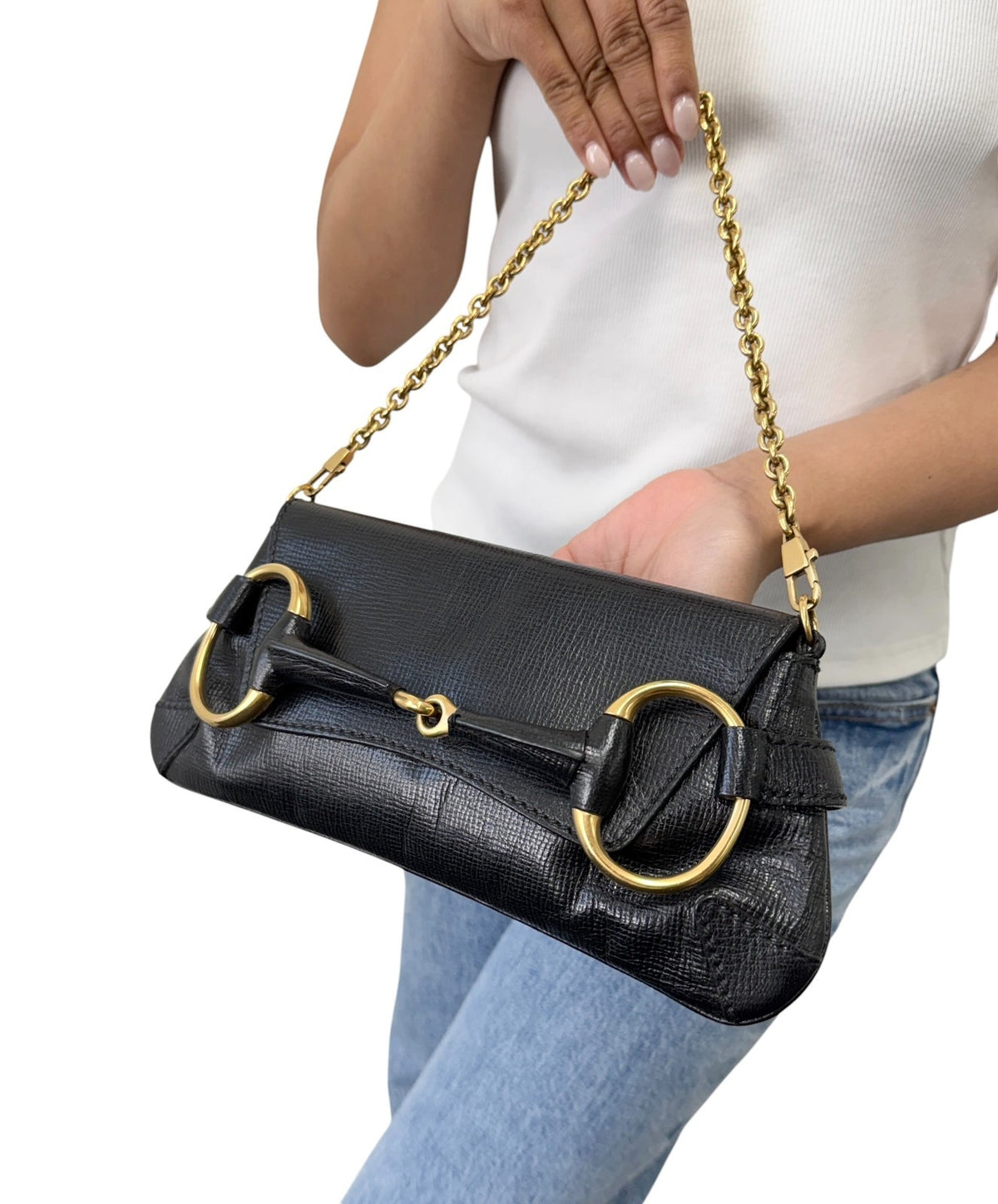 GUCCI Vintage Horsebit Chain Mini Shoulder Bag Leather Black Gold 902408