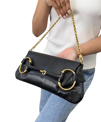 GUCCI Vintage Horsebit Chain Mini Shoulder Bag Leather Black Gold 902408