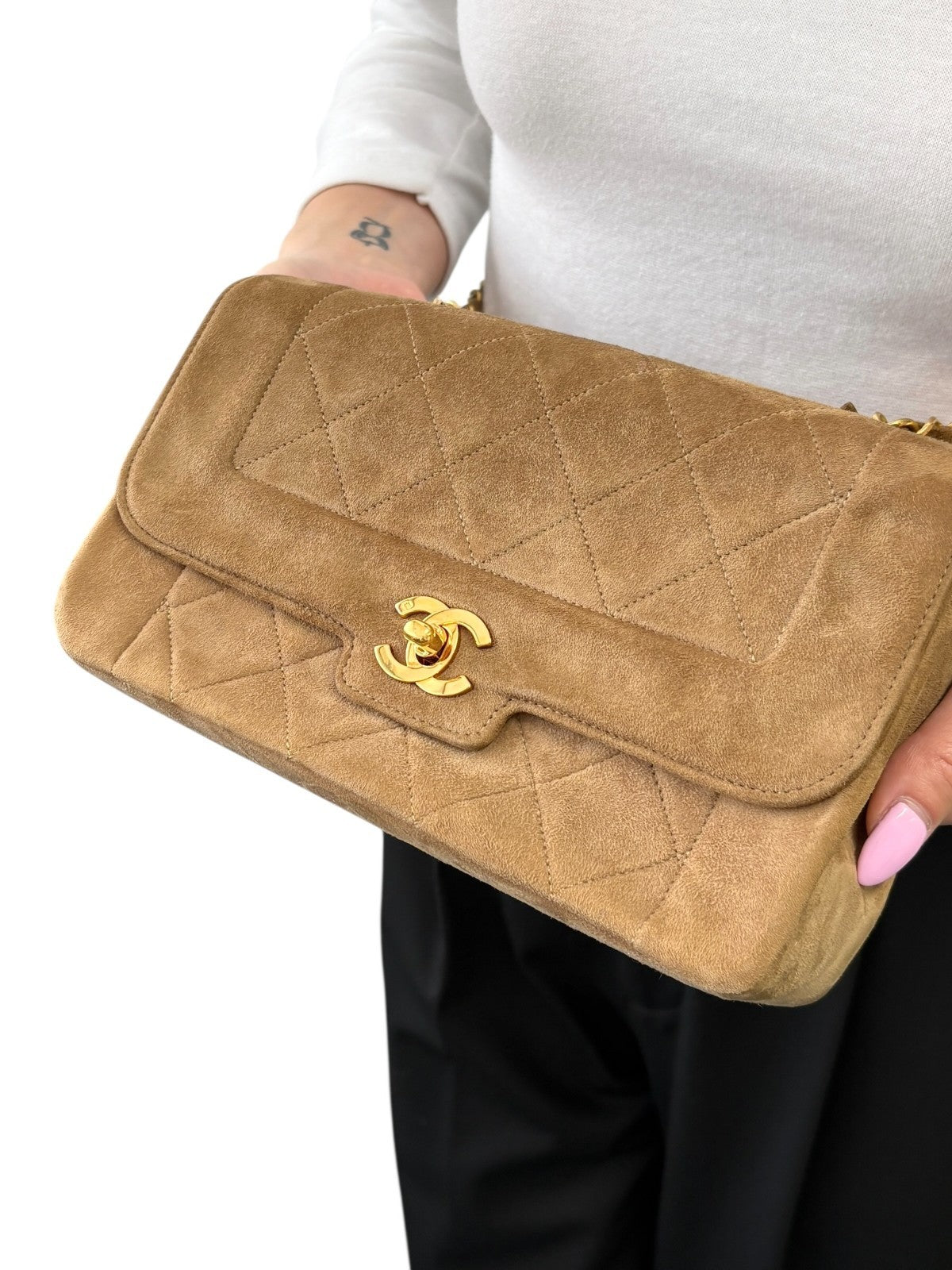 CHANEL Vintage CC Logo Turnlock Quilted Suede Flap Bag Brown Gold