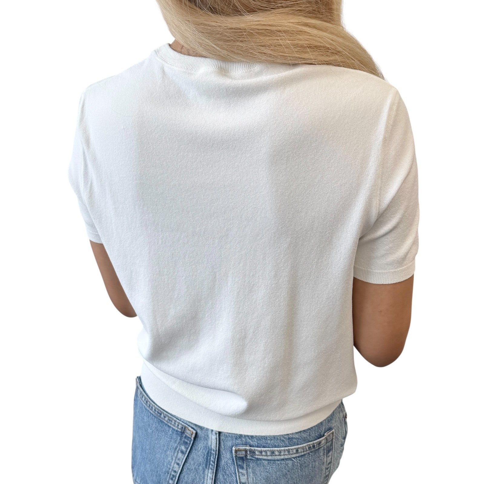 CHANEL Vintage 04C CC Logo Knit T-shirt Top #46 White Cotton See-through Mesh