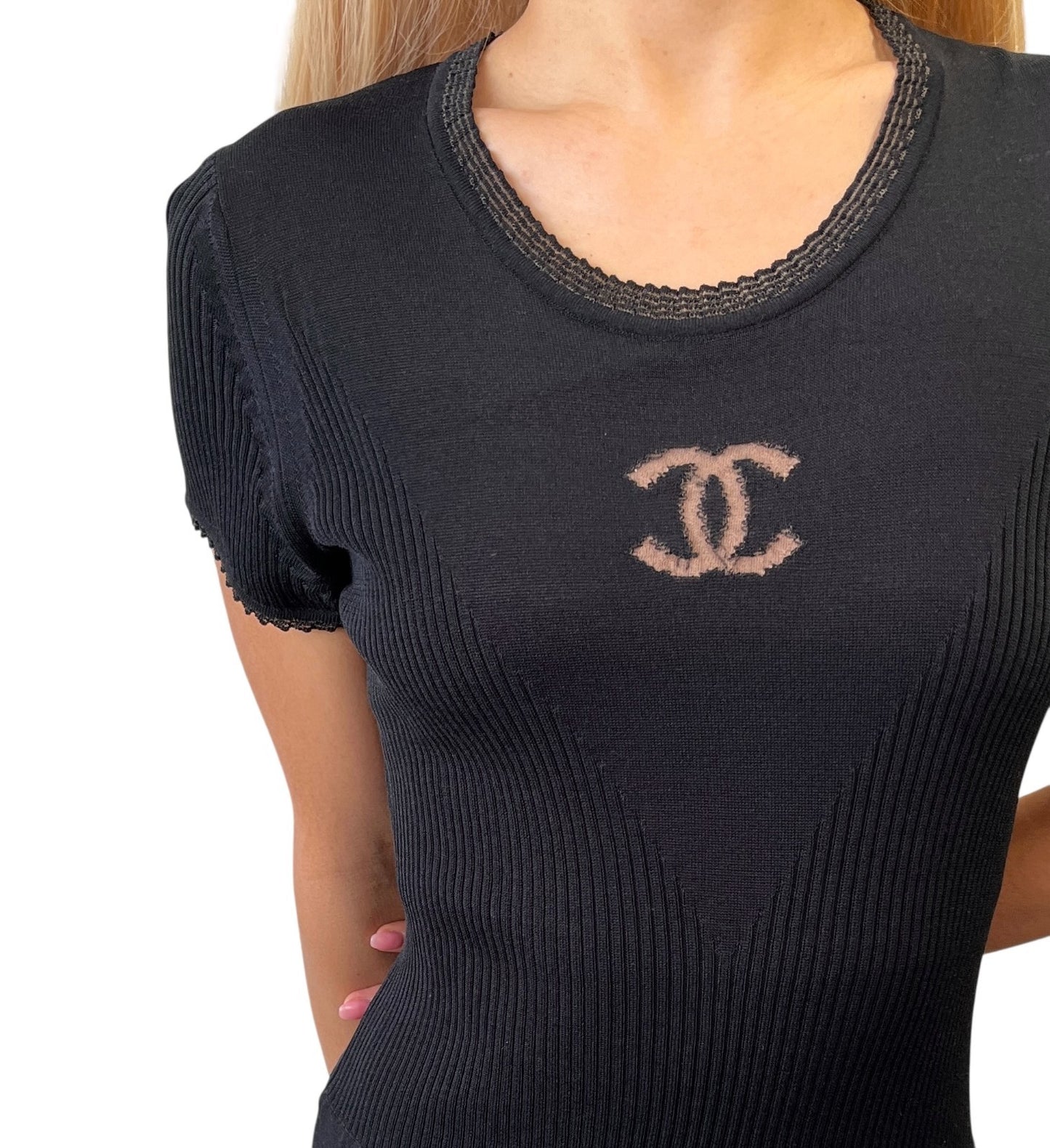 CHANEL Vintage P37829 CC Button Rib Knit Dress One-piece Black #38 Sheer 902018