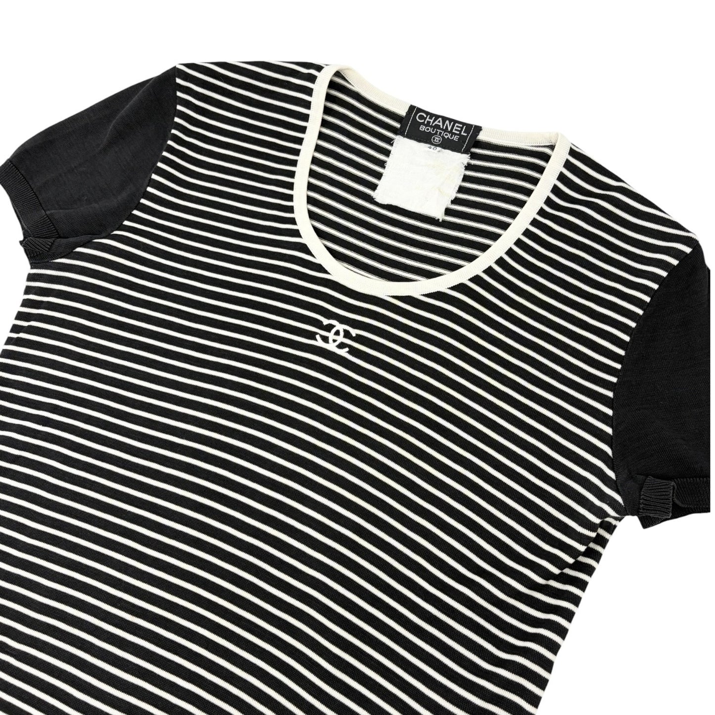CHANEL Vintage CC Mark Logo Stripe T-shirt Top #40 Black White Cotton 106910