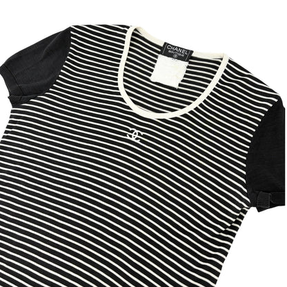 CHANEL Vintage CC Mark Logo Stripe T-shirt Top #40 Black White Cotton 106910