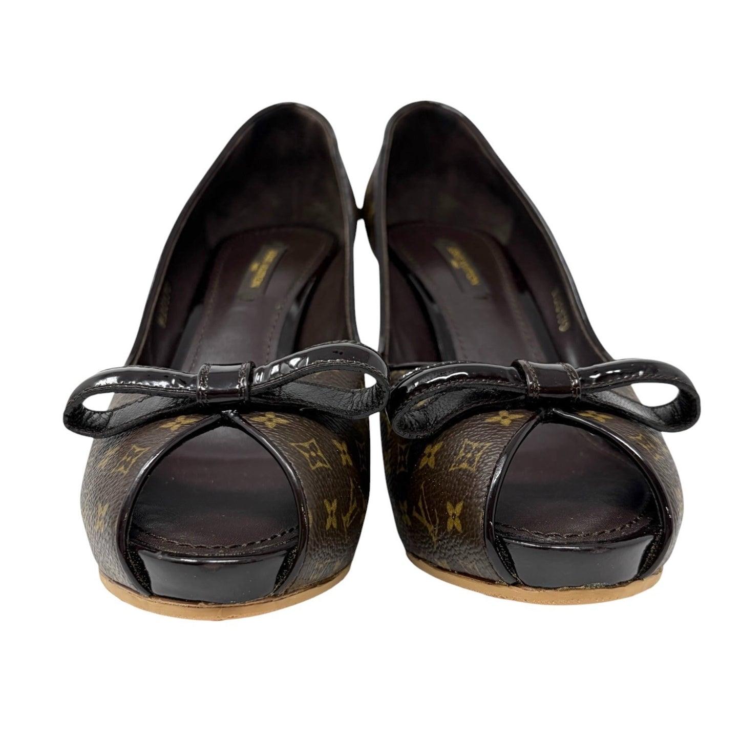 LOUIS VUITTON Vintage Monogram Ribbon Sandals Heels #37.5 Brown Leather 902013