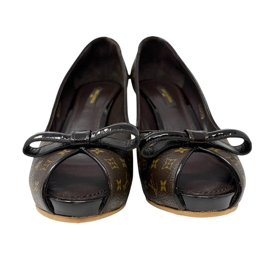 LOUIS VUITTON Vintage Monogram Ribbon Sandals Heels #37.5 Brown Leather 902013