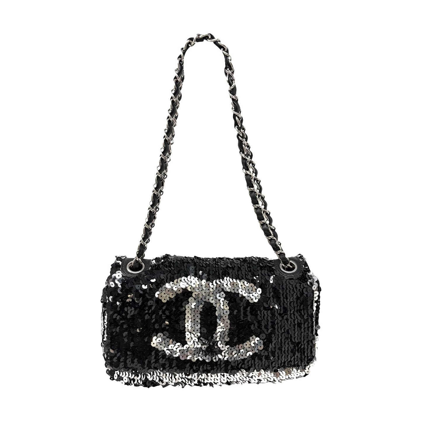 CHANEL Vintage CC Logo Sequins Chain Shoulder Bag Black Silver Leather 902259