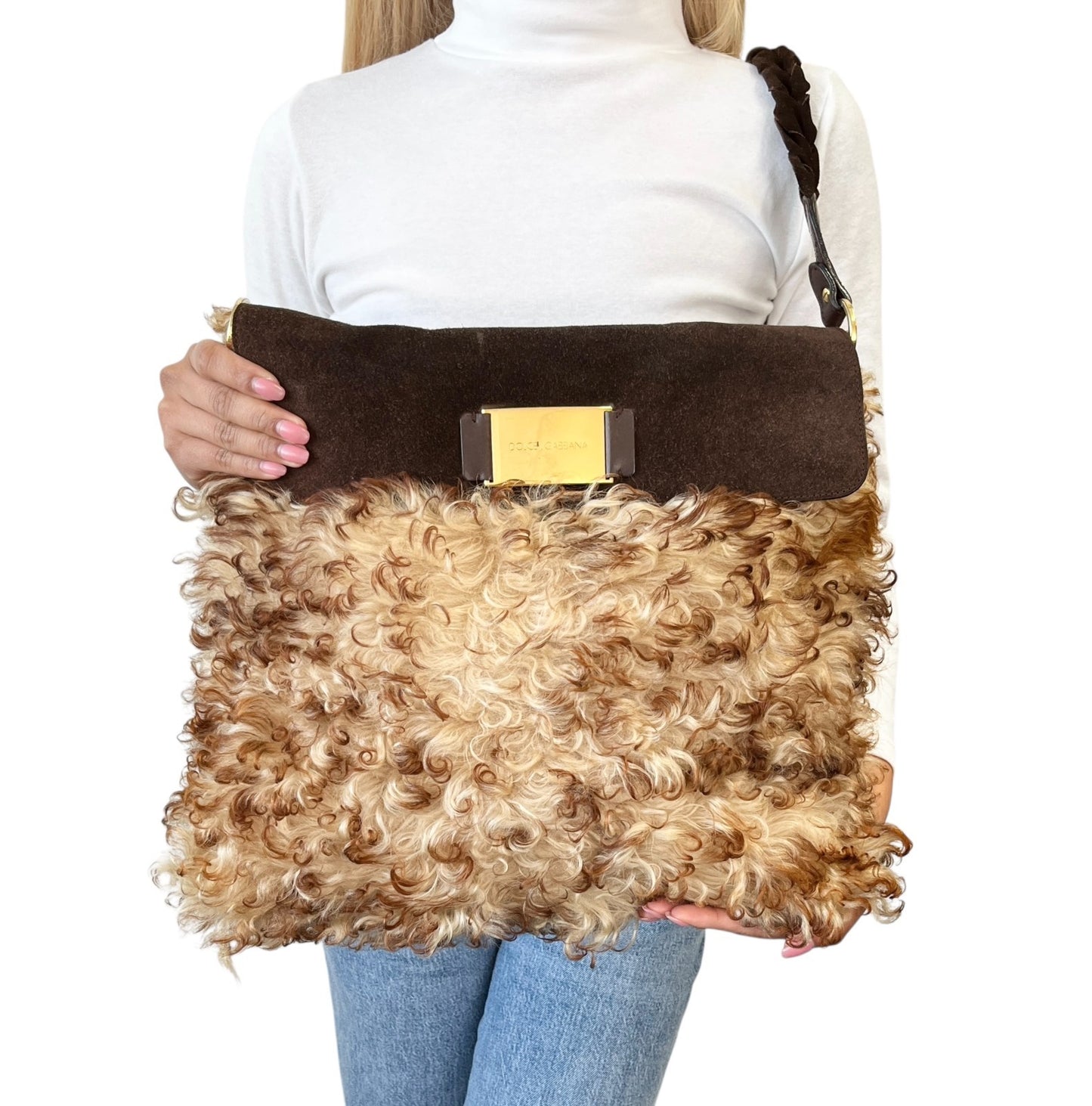 DOLCE&GABBANA Vintage Curly Lamb Shearling Suede Shoulder Bag Brown Beige Fur