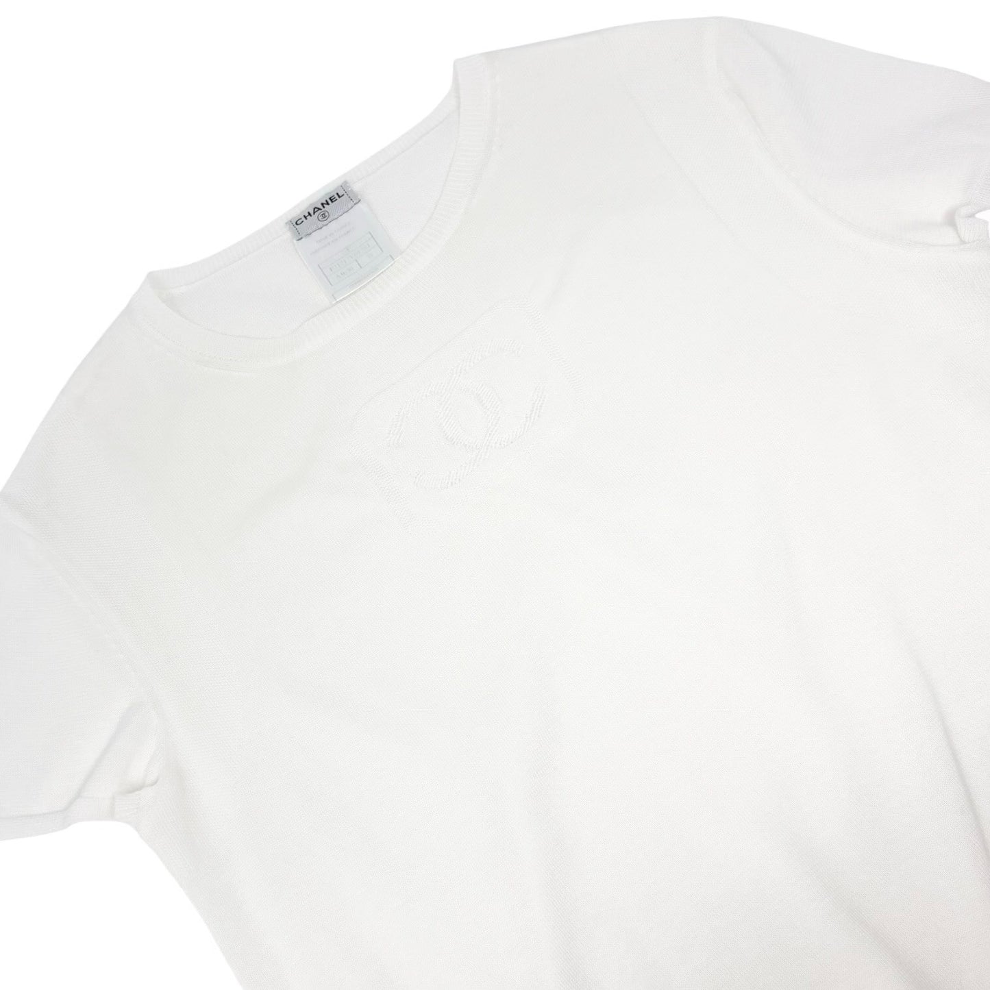 CHANEL Vintage 03P CC Logo Mesh Knit T-shirt Top #38 White Cotton 902422