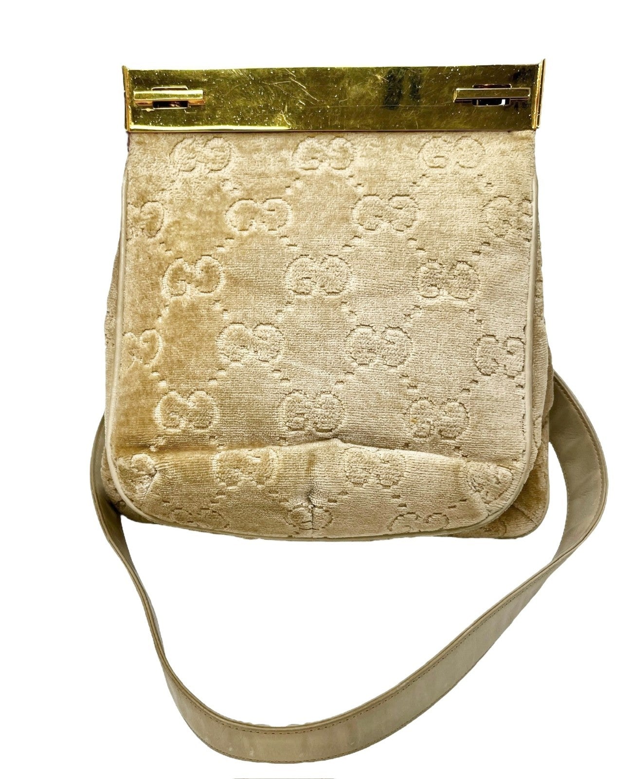 GUCCI Vintage GG Monogram Logo Shoulder Bag Crossbody Cream Gold Velour Leather