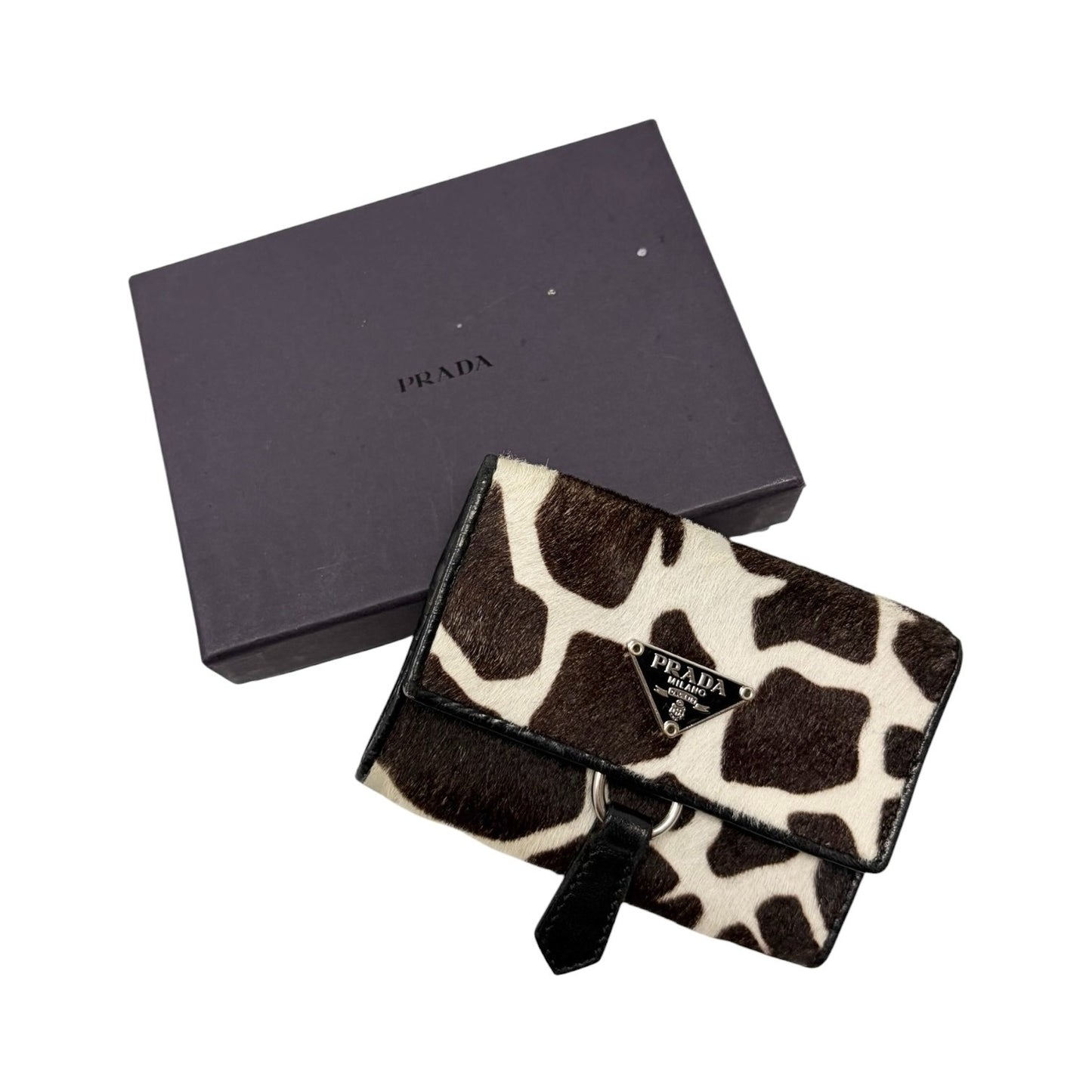 PRADA Vintage Triangle Logo Giraffe Pony Hair Mini Key Case Brown White 902440