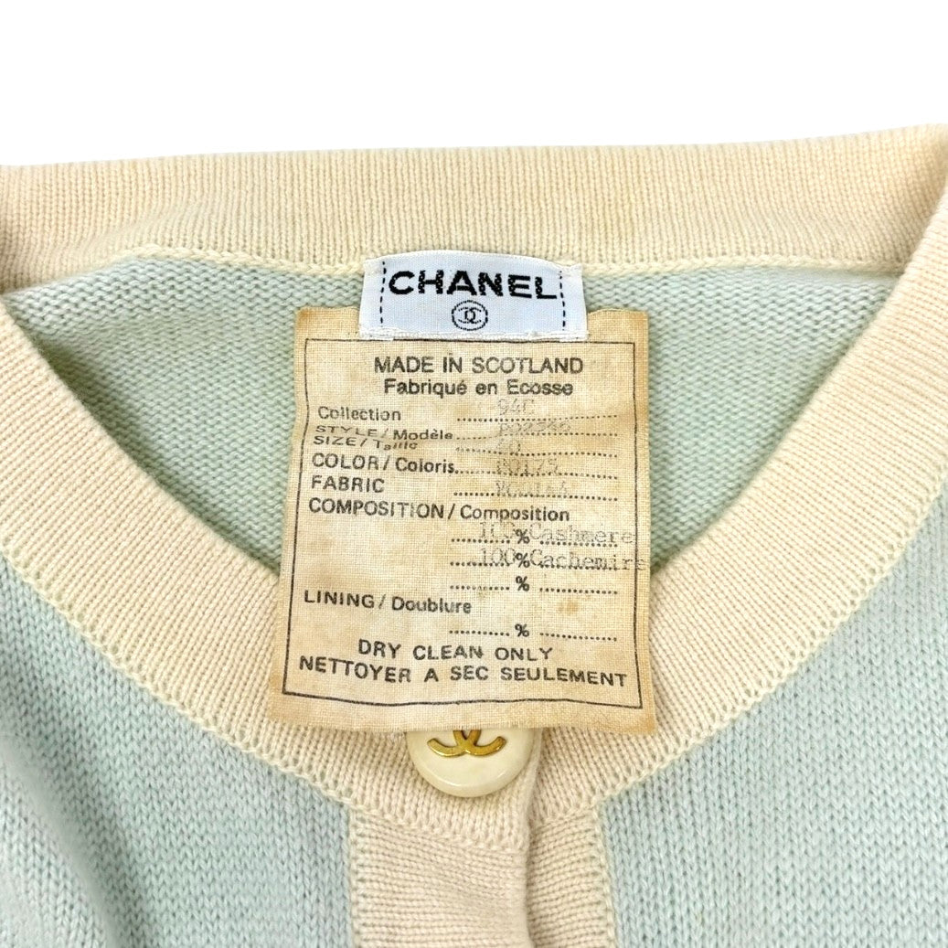 CHANEL Vintage 94C CC Button Trimmed Cashmere Cardigan Knit Top #40 Mint Green