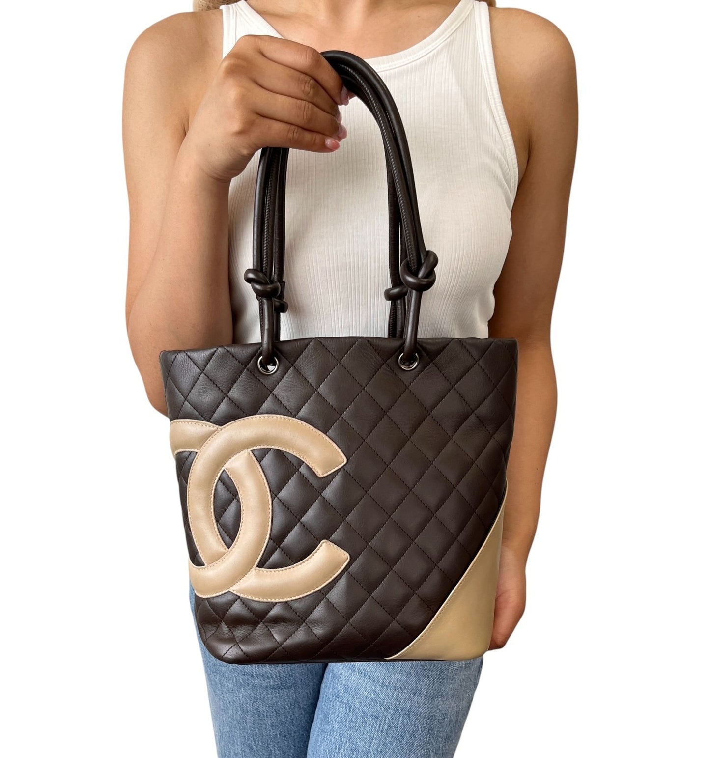 CHANEL Vintage Cambon Line CC Logo Quilted Tote Bag Brown Beige Leather 901900