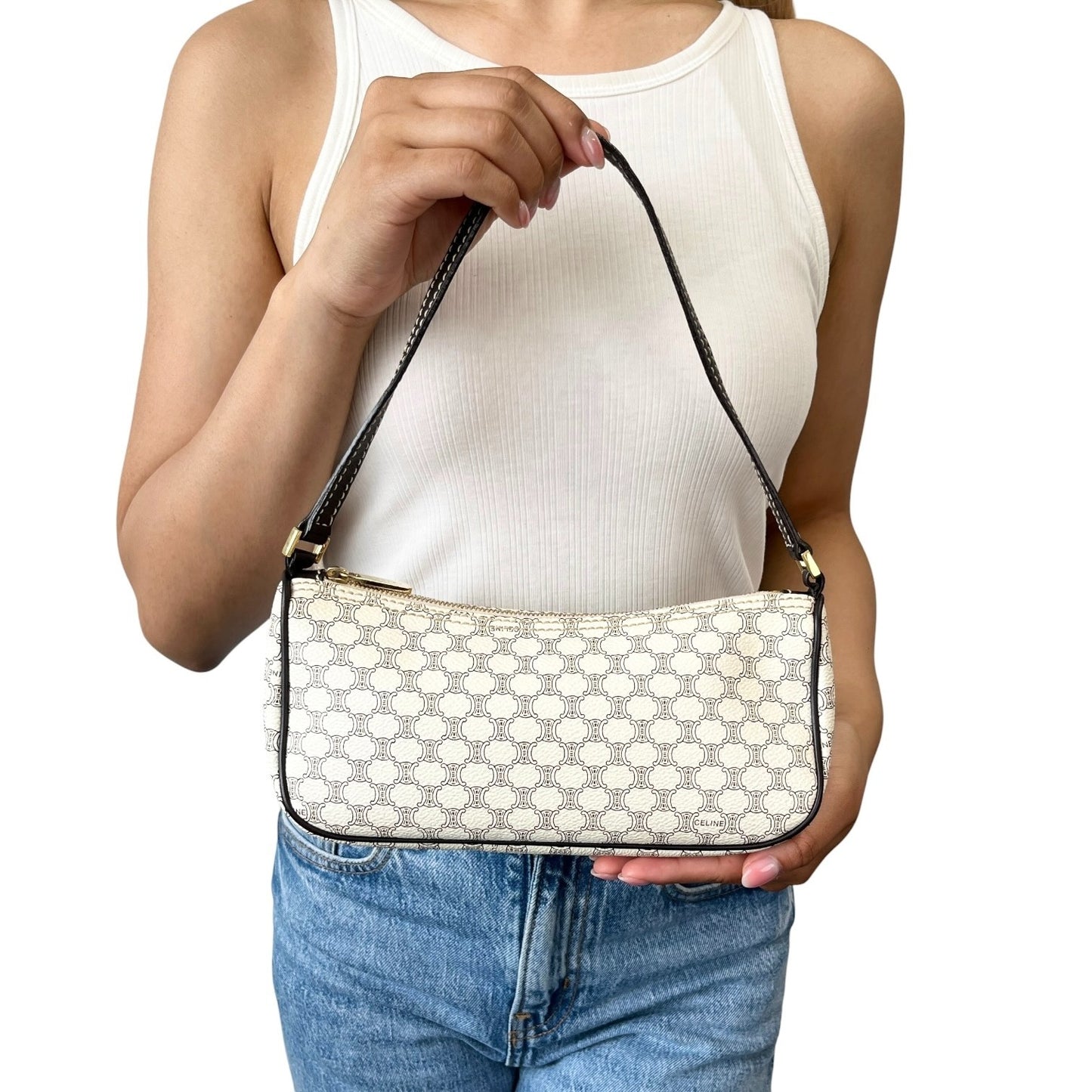 CELINE Vintage Macadam Monogram Shoulder Bag Pochette White Brown PVC 902075