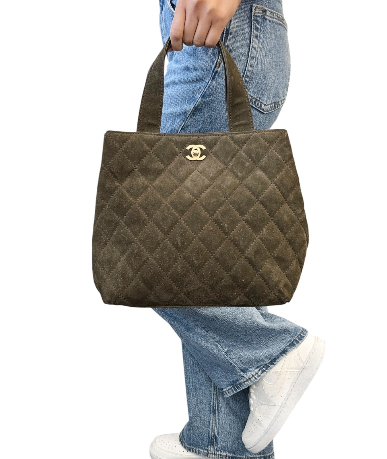CHANEL Vintage CC Mark Logo Tote Bag Handbag Turnlock Brown Gold Suede Stitch