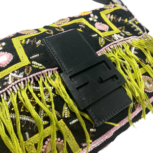 FENDI Vintage FF Logo Mamma Baguette Shoulder Bag Beads Fringe Black Cotton