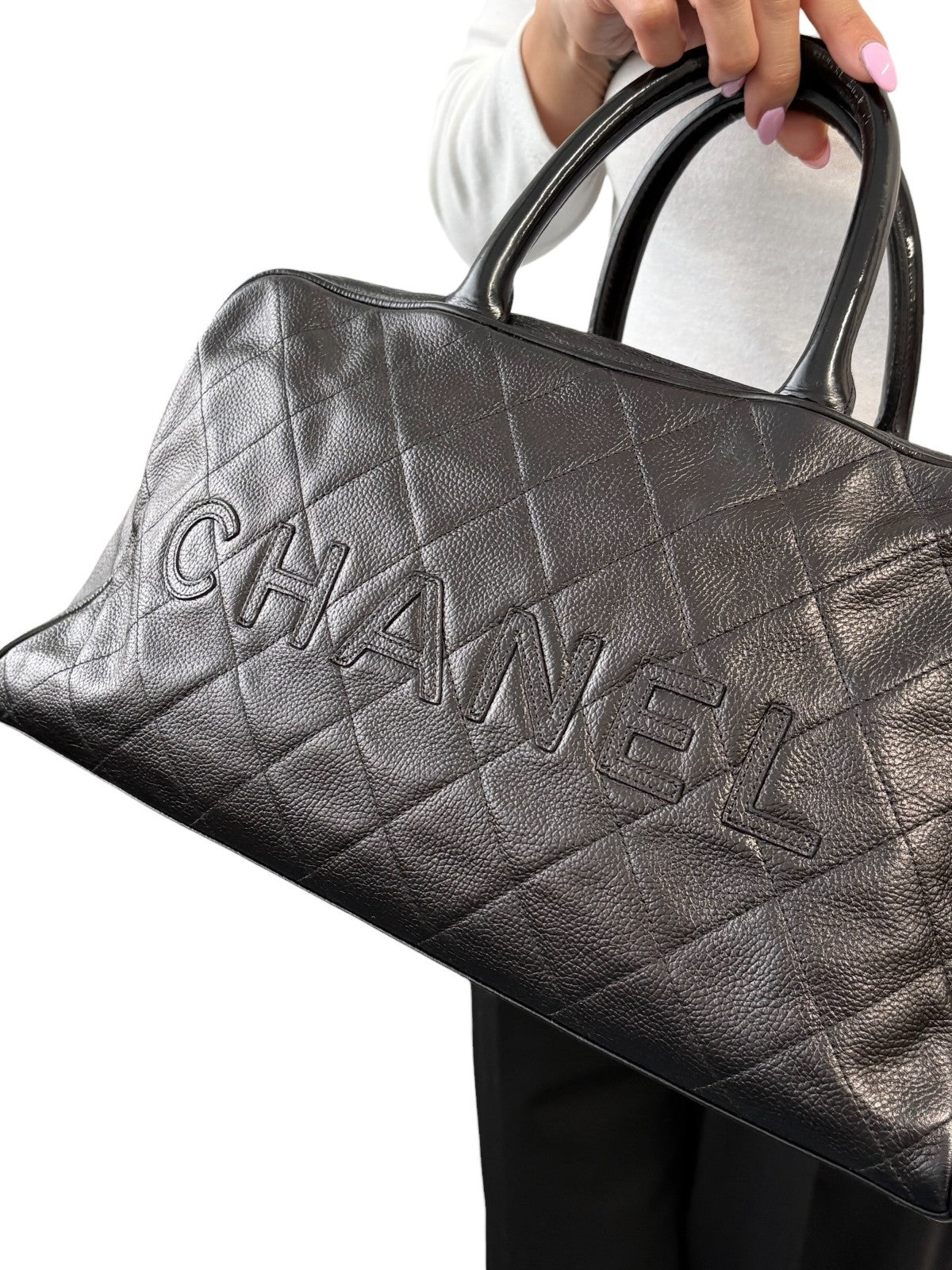 CHANEL Vintage CC Big Logo Quilted Leather Bowling Boston Bag Black Silver