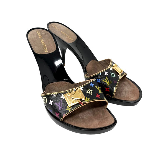 LOUIS VUITTON Vintage Monogram Multicolor Sandals Heels #36.5 Black Brown