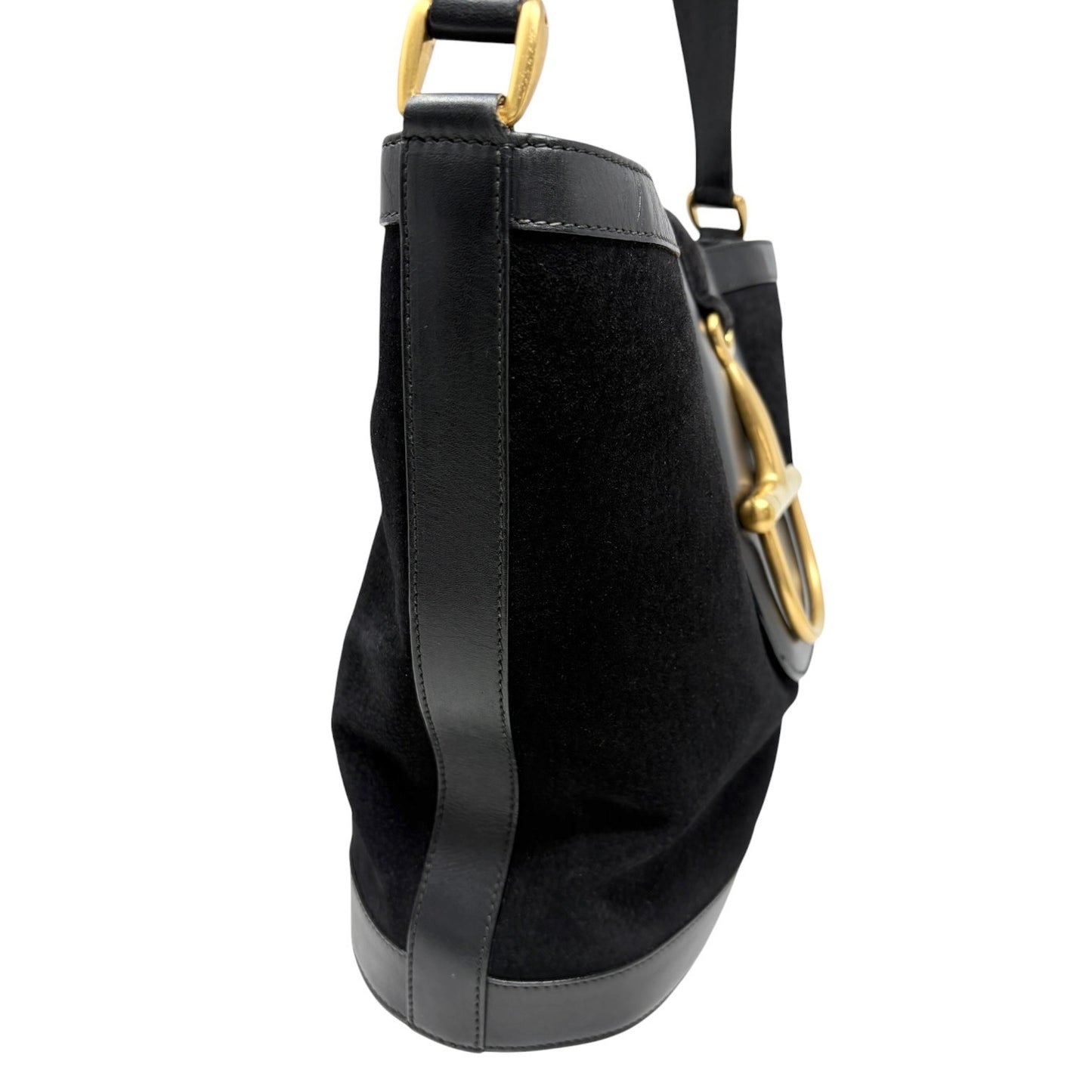 GUCCI Vintage Logo Horsebit Suede Bucket Shoulder Bag Black Gold 902395