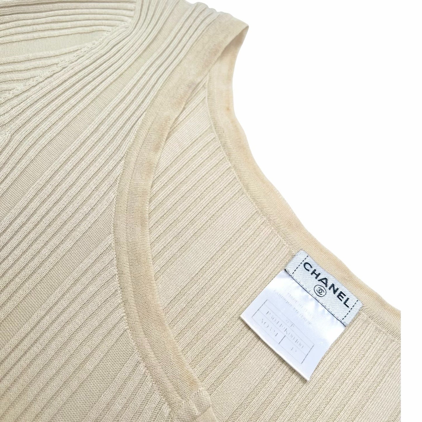 CHANEL Vintage 07P CC Logo Button Rib Knit Top #42 Cotton Beige Gold 106913