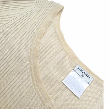 CHANEL Vintage 07P CC Logo Button Rib Knit Top #42 Cotton Beige Gold 106913