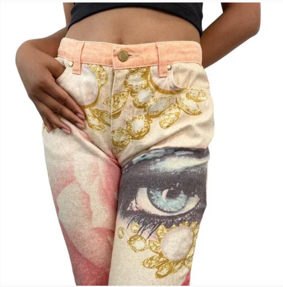 Roberto Cavalli Vintage Logo Jewel Print Pants #XS Glitter Orange Gold Cotton