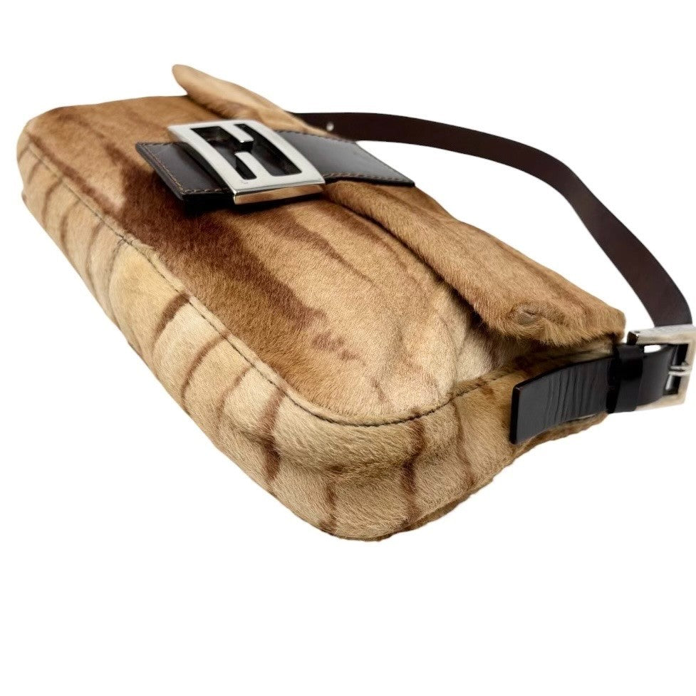 FENDI Vintage Mamma Baguette Pony Calf Hair Shoulder Bag Brown Beige 901889