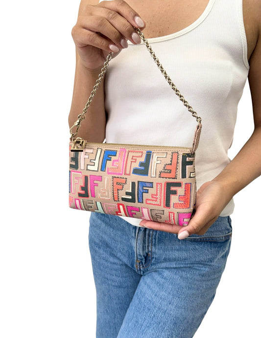 FENDI Vintage Zucca FF Monogram Chain Bag Pochette Beige Multicolor 901881