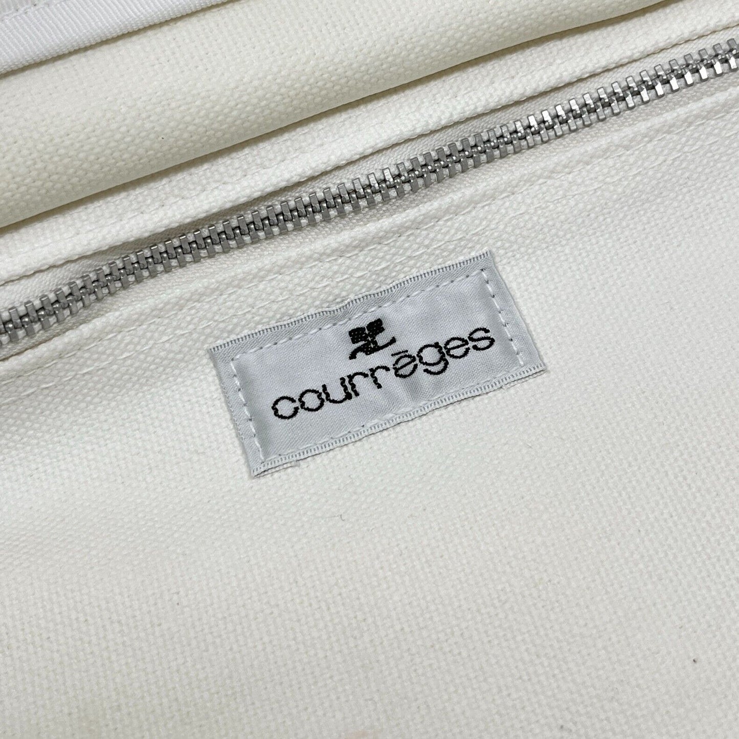 Courreges Vintage Logo Tote Bag Pocket Zip White Light Blue Cotton Rank AB