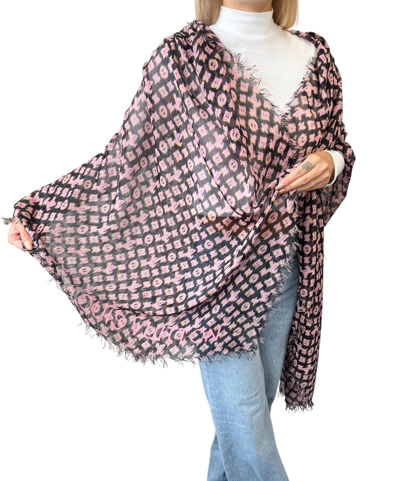 LOUIS VUITTON Vintage Monogram Logo Graffiti Scarf Shawl Pink Black Yellow Silk