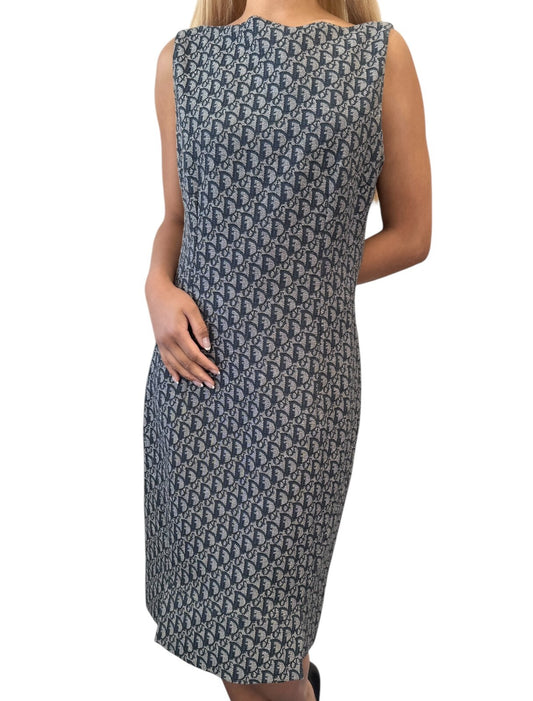 Christian Dior Vintage 2000 Trotter Monogram Logo Dress #38 Blue Gray Cotton