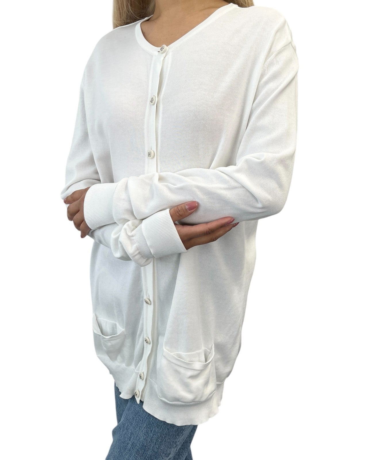 CHANEL Vintage 96P CC Logo Cardigan Top Button Pocket #44 White Long Sleeve