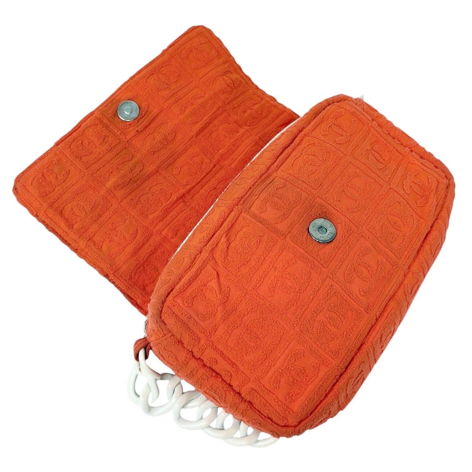 CHANEL Vintage 02S CC Logo Chain Shoulder Bag Handbag Terry Cloth Orange White