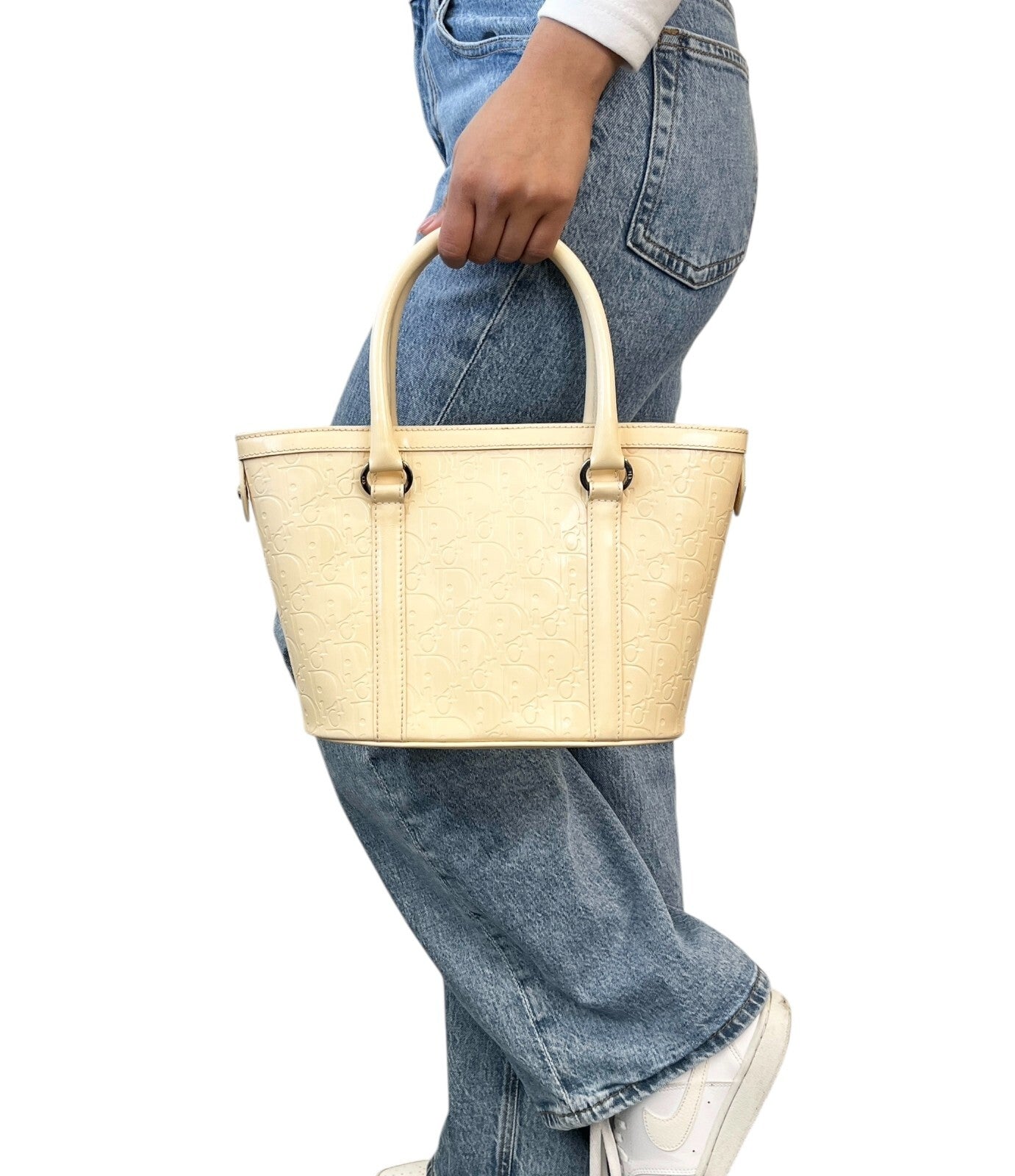 Christian Dior Vintage 2008 Trotter Monogram Tote Bag Cream Patent Leather
