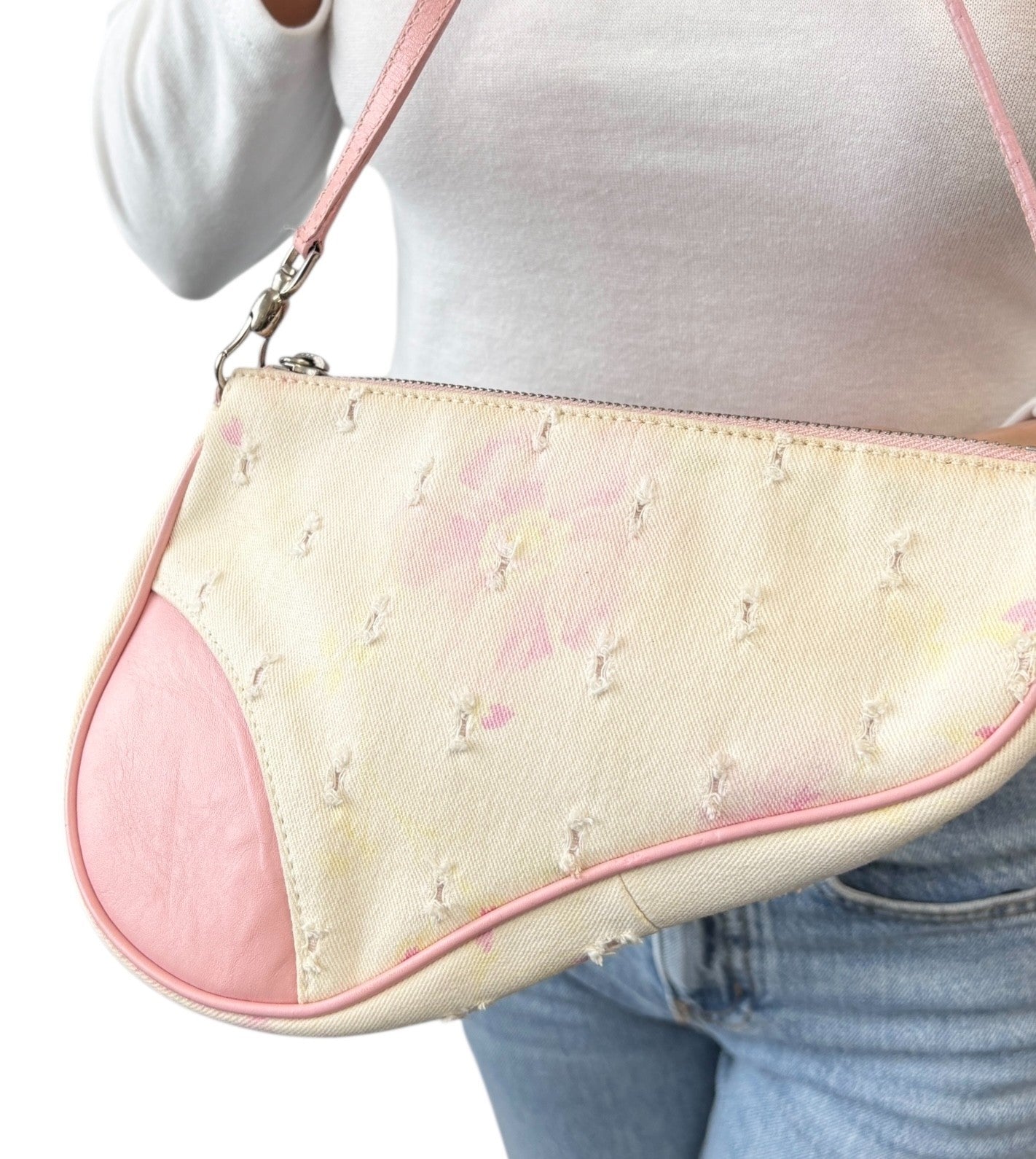 Christian Dior Vintage 2003 Distressed Floral Denim Mini Saddle Bag White Pink