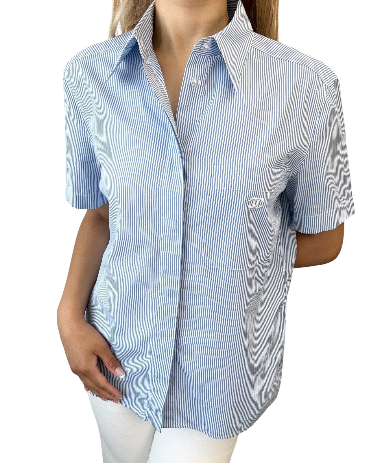 CHANEL Vintage 99P CC Logo Shirt Top #40 Button Up Stripe Blue Short Sleeve