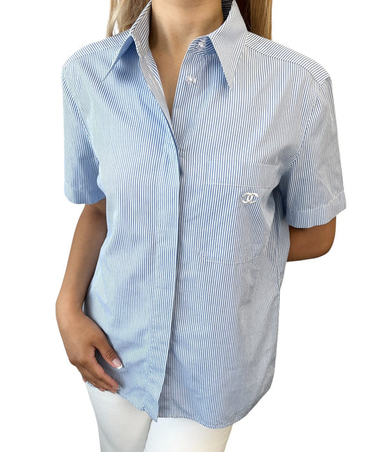 CHANEL Vintage 99P CC Logo Shirt Top #40 Button Up Stripe Blue Short Sleeve