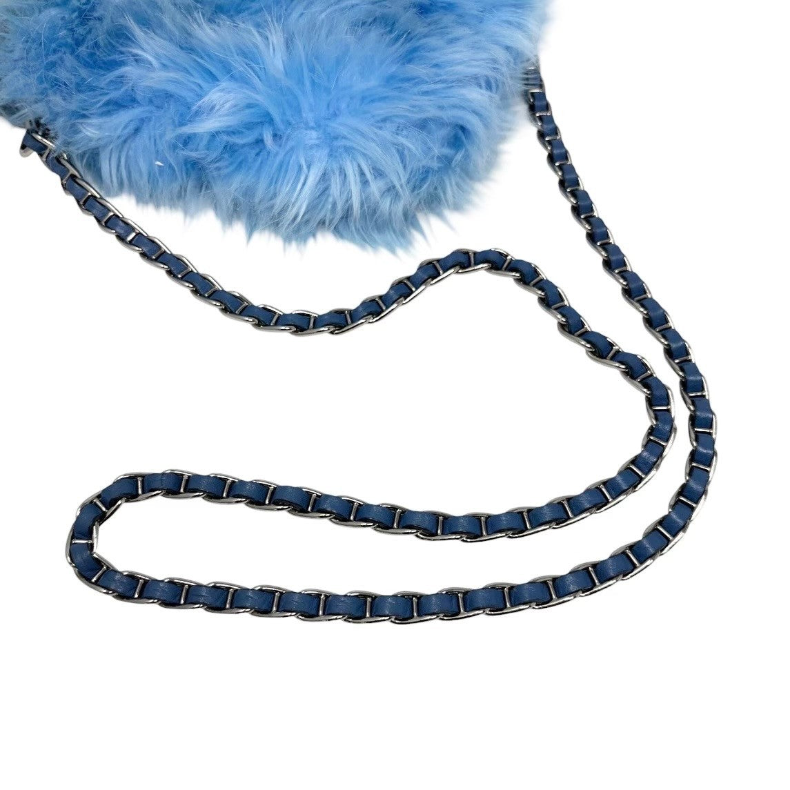 PRADA Vintage Logo Pelliccia Chain Shoulder Bag Mini Pouch Blue Faux Fur 902321