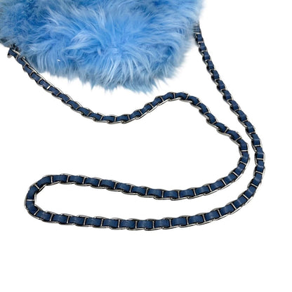 PRADA Vintage Logo Pelliccia Chain Shoulder Bag Mini Pouch Blue Faux Fur 902321