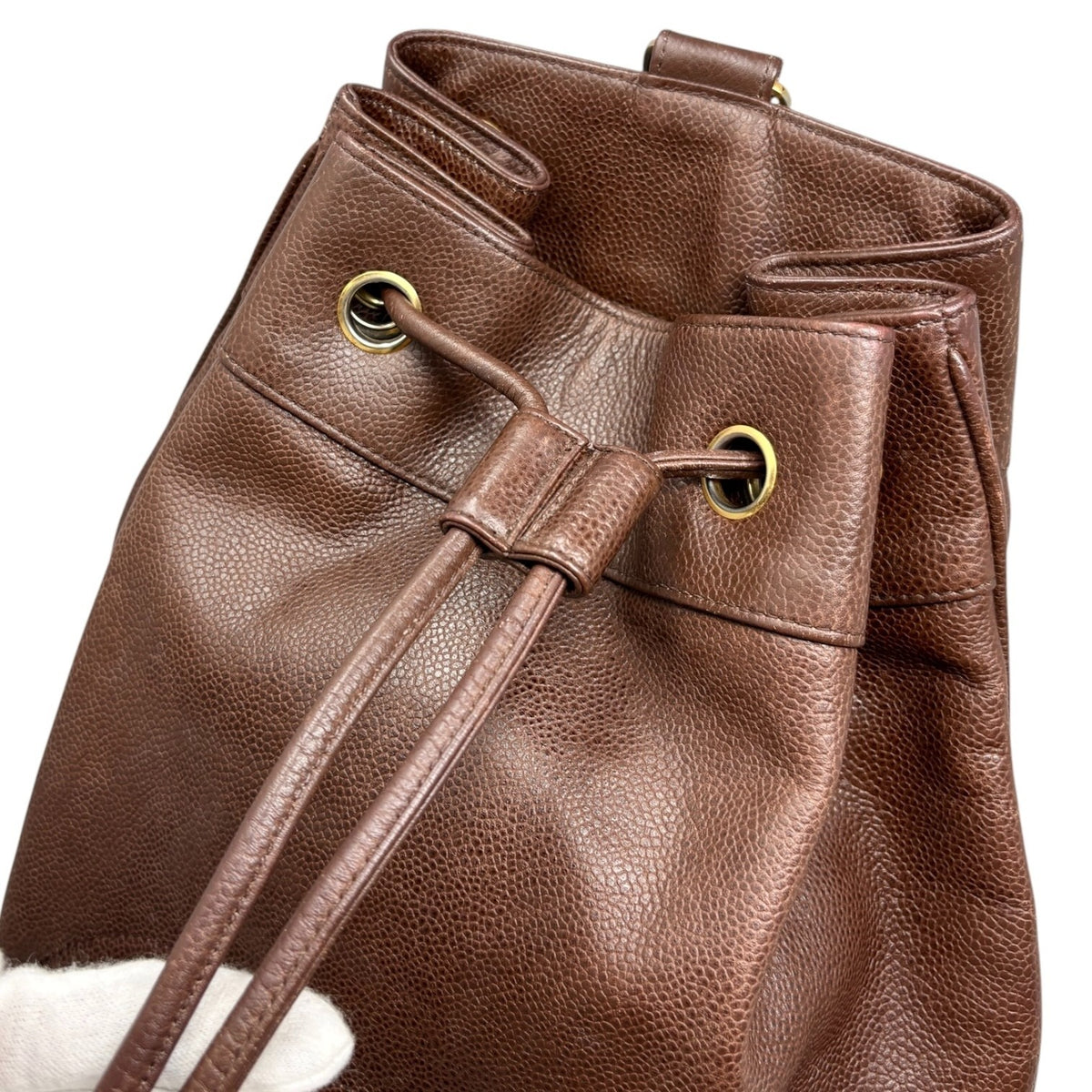 CHANEL Vintage CC Logo Drawstring Backpack Bag Brown Gold Leather 902312