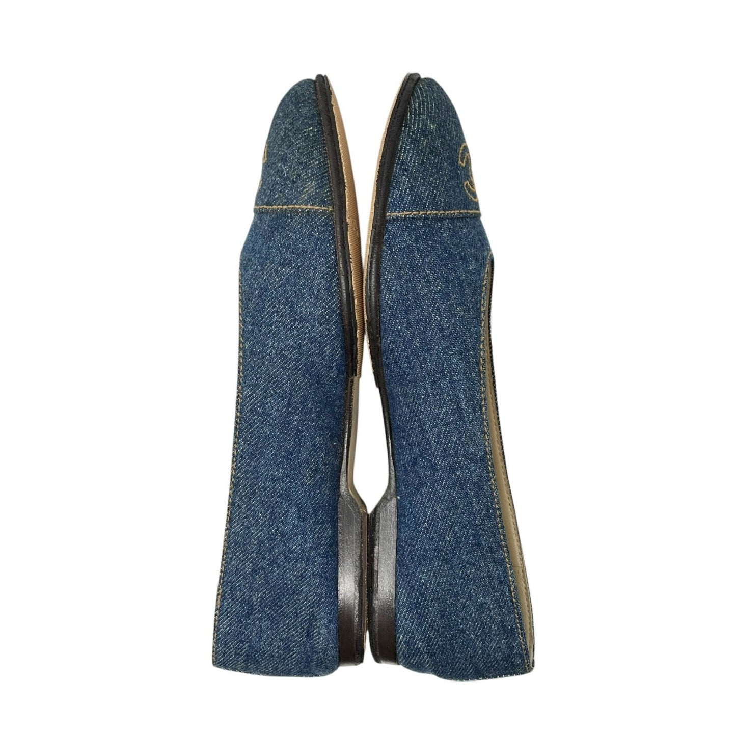 CHANEL Vintage 97P CC Mark Logo Denim Flat Shoes #36 Stitch Blue Beige Cotton