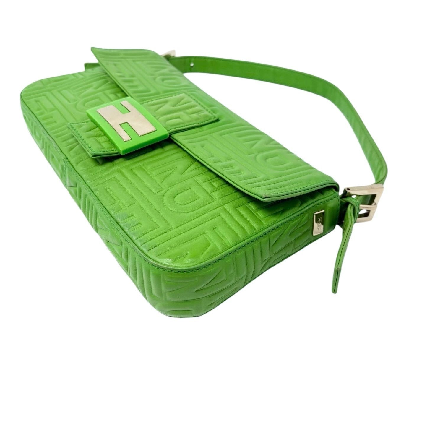 FENDI Vintage FF Logo Embossed Mamma Baguette Shoulder Bag Green Leather Silver