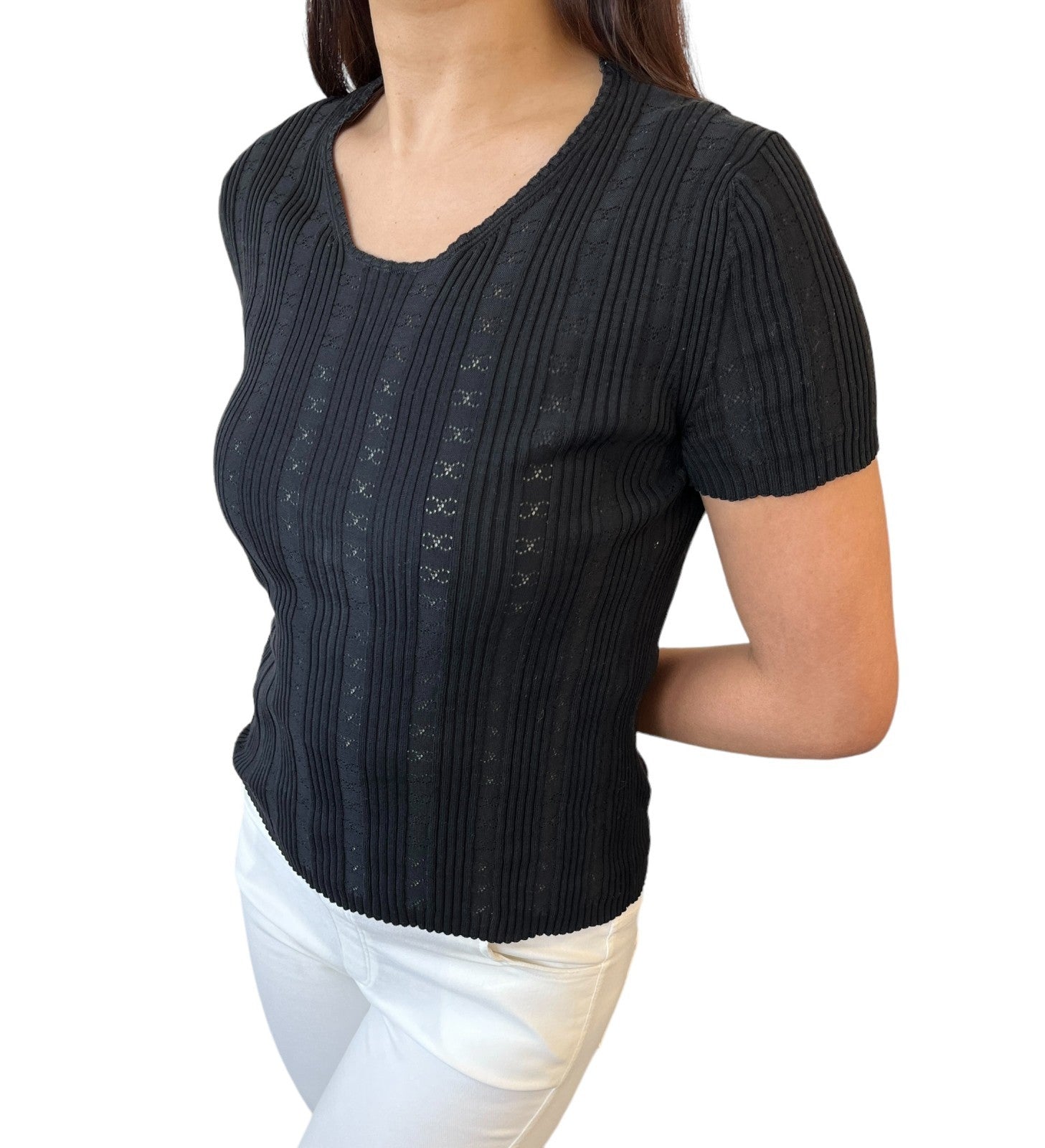 CHANEL Vintage 05P CC Logo Summer Rib Knit Top T-shirt Black Cotton Short Sleeve