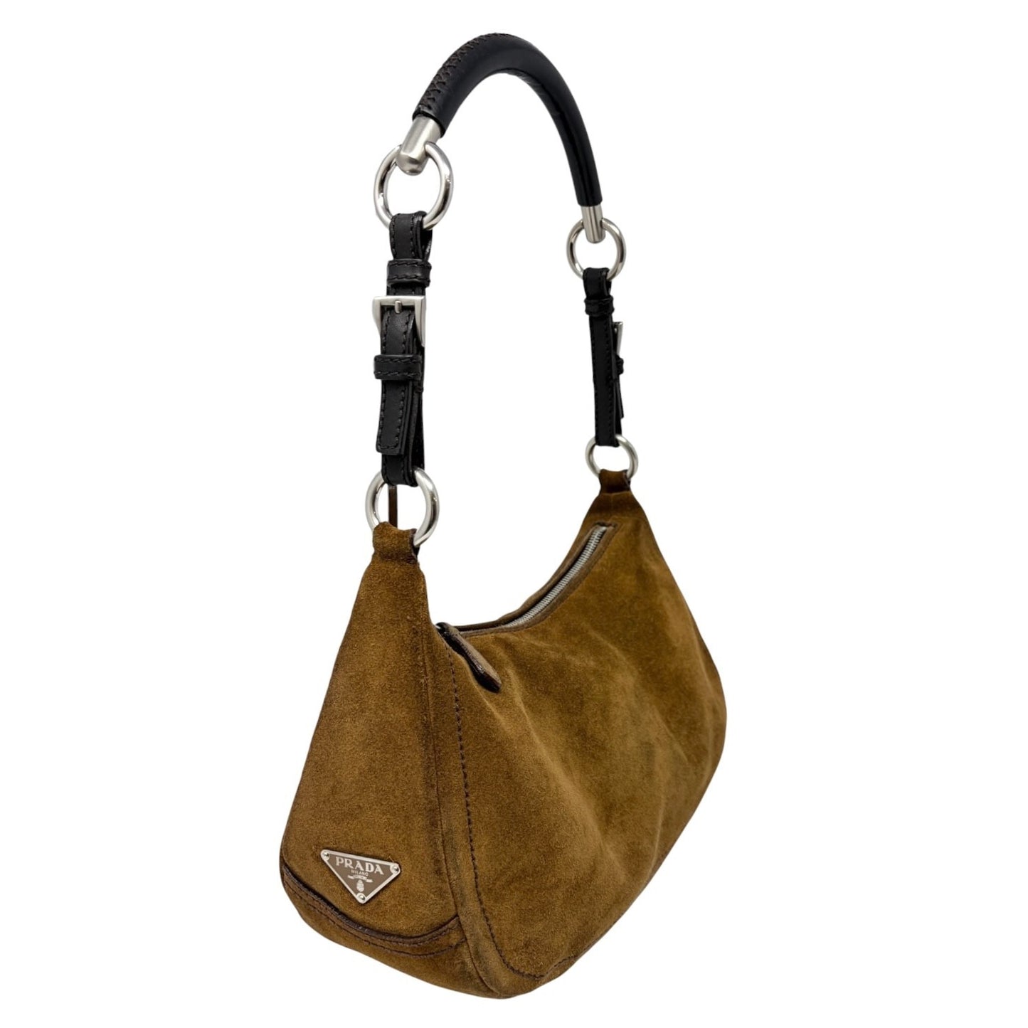 PRADA Triangle Logo Shoulder Hobo Suede Bag Brown Silver Leather Zip 902299